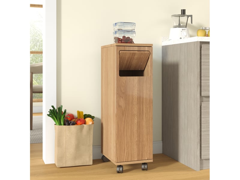  Meuble poubelle mobile 24,2 x 35,1 x 80,2 cm naturel mdf, 1 porte avec support pour sac et roulettes  - Conforama B