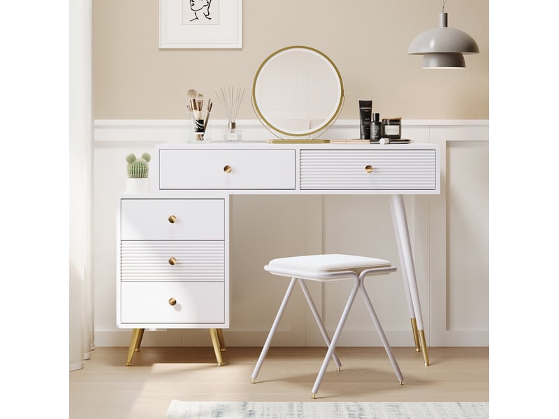  Coiffeuse avec miroir led 100 x 40 x 78 cm blanche en mdf, meuble latéral modulable et cinq tiroirs  - Conforama B