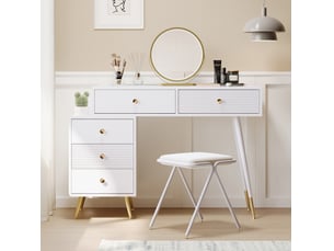 Coiffeuse avec miroir led 100 x 40 x 78 cm blanche en mdf, meuble latéral modulable et cinq tiroirs