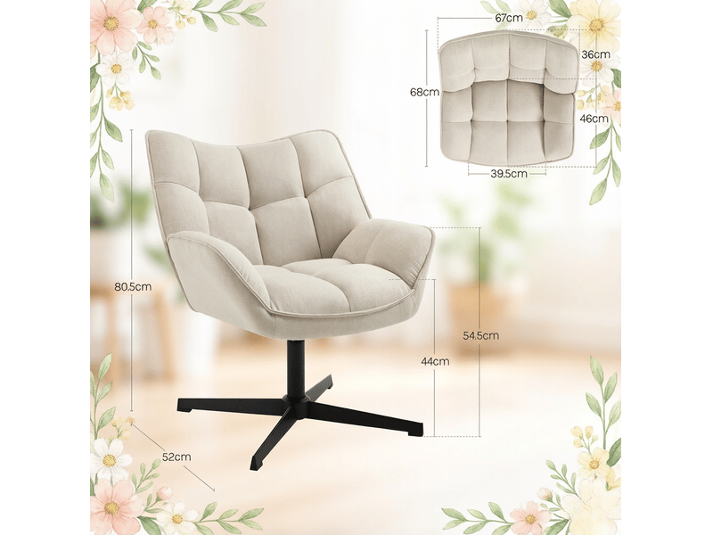  Fauteuil pivotant en lin avec dossier ergonomique et assise rembourrée, beige  - Conforama C