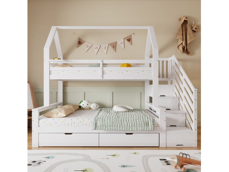  Lit superposé enfant blanc 90x200 et 140x200 cm avec escalier de rangement  - Conforama D