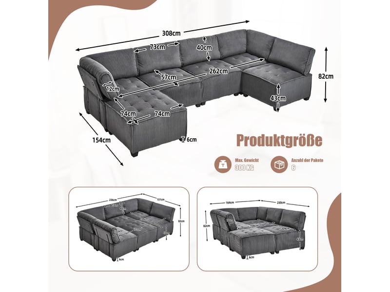 Canapé modulable modenvie 6 places en velours côtelé gris, convertible en canapé-lit, rangement, 308 x 154 x 81,99 cm - Conforama C