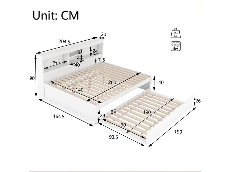  Canapé-lit 140x200 blanc avec lit gigogne extensible, éclairage led, prise usb et rangement  - Conforama C