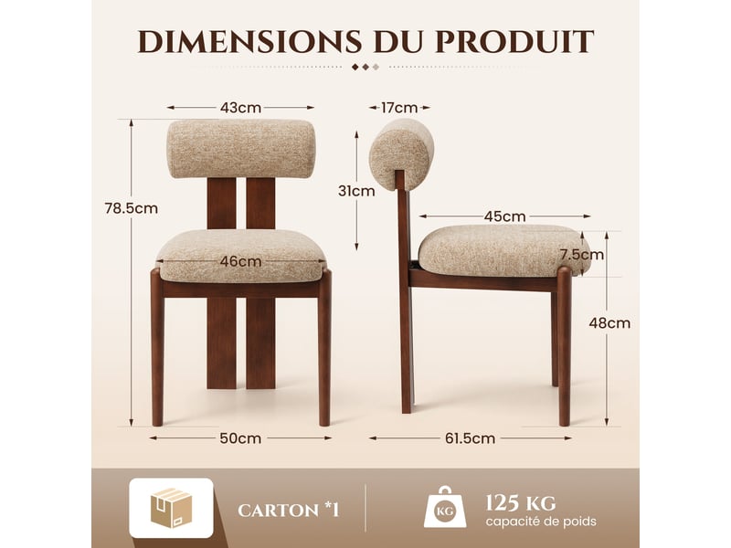  Smartue lot de 2 chaises de salle à manger modernes en tissu marron avec dossier cylindrique et pieds en bois noyer  - Conforama C