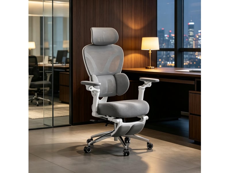  Fauteuil de bureau ergonomique gris avec appui-tête et soutien lombaire réglables, repose-pieds et roulettes  - Conforama D
