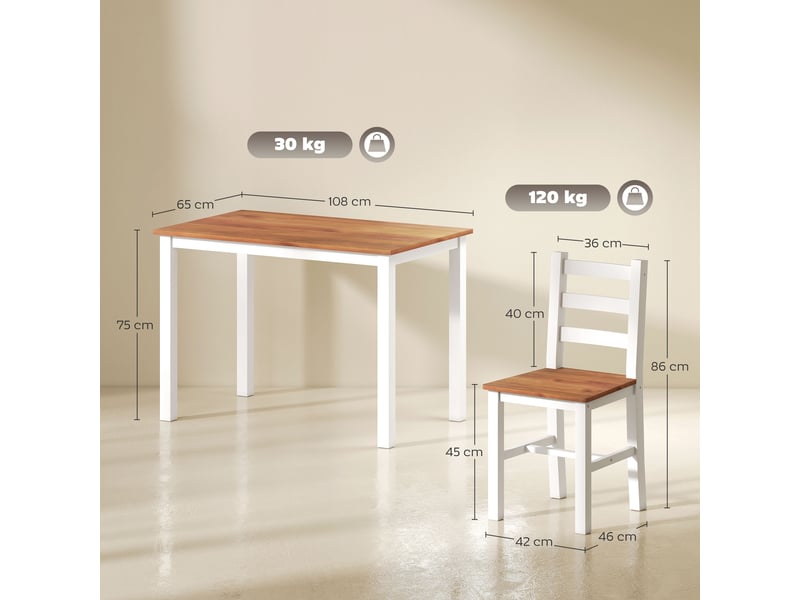  Ensemble de salle à manger, table, 4 chaises, ensemble de salle à manger, bois de pin, marron et blanc  - Conforama E