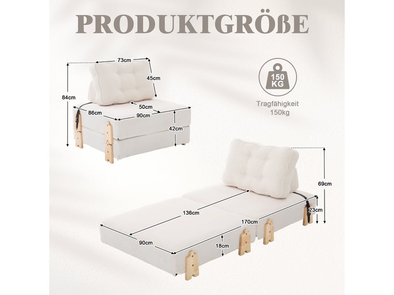  Fauteuil convertible 1 place - 90x86x84cm - chauffeuse pliable en lit d'appoint tissu velours côtelé et bois - beige  - Conforama E