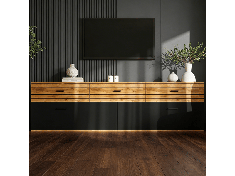  Meuble tv 168x38x59 cm - meuble bas à motif ondulé avec 2 portes, 3 tiroirs, pour tv jusqu’à 65 pouces - bois naturel et noir  - Conforama E