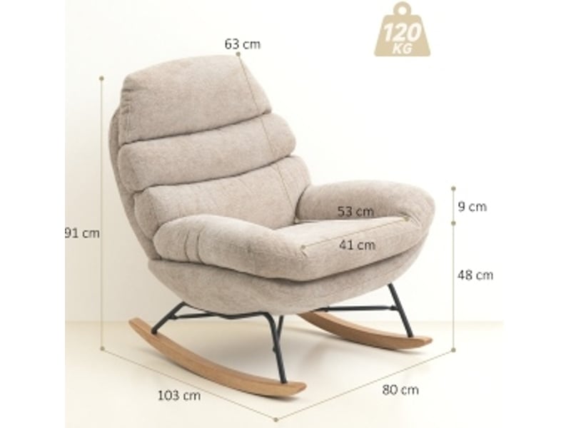  Rocking-chair rembourré avec dossier haut, mousse 13 cm et patins antidérapants, en polyester blanc crème  - Conforama C