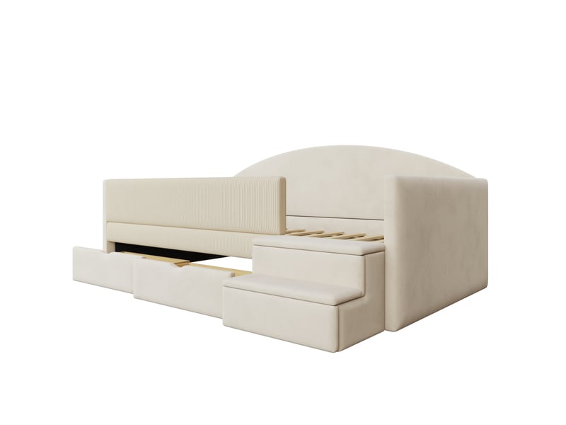  Modenvie lit enfant capitonné 90x190 cm - avec 2 tiroirs, barrières de sécurité, sans matelas - beige  - Conforama E