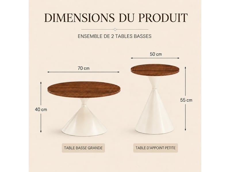  Lot de 2 tables basses rondes, plateau effet noyer chaleureux, pied en acier carbone blanc crème, ø7050 cm, design conique.  - Conforama C