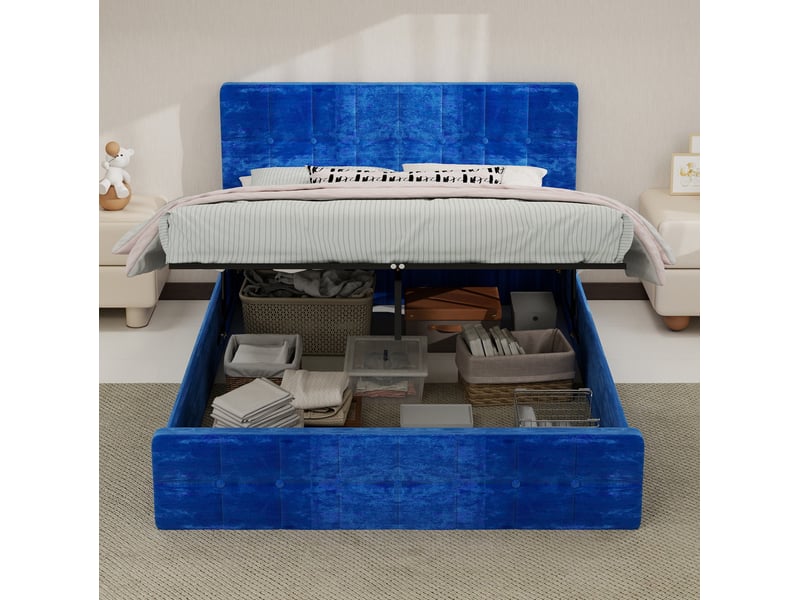  Lit coffre 140x200 cm, tête de lit capitonnée en velours bleu marine  - Conforama E