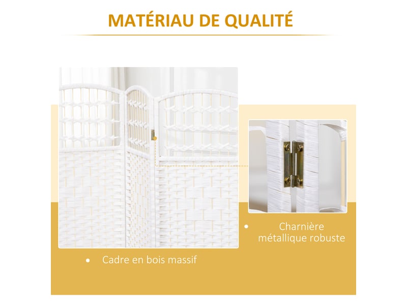  Paravent intérieur en bois séparateur de pièce cloison pliable 4 panneaux blanc 160 x 170 cm  - Conforama E