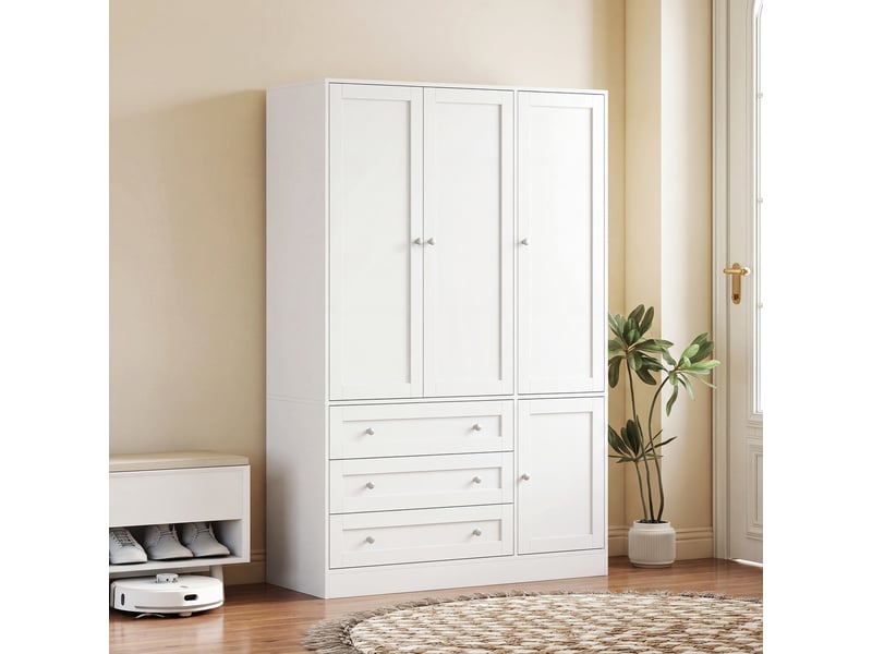  Armoire chambre penderie avec 4 portes, 3 tiroirs, 120 x 50 x 176,5 cm, barre de suspension et étagère réglable, blanc  - Conforama D