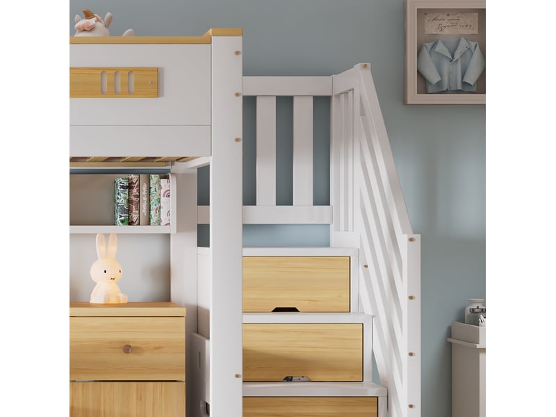  Lit mezzanine 90x200 cm, bureau, tiroirs, escalier de rangement, bois et mdf, blanc et naturel, sans matelas  - Conforama E