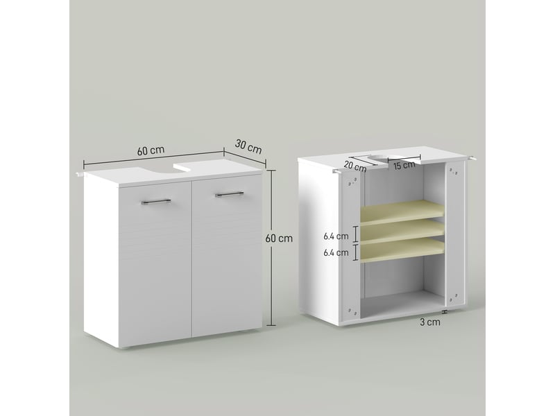  Meuble sous lavabo 2 portes blanc brillant, étagère réglable, 60 x 30 x 62,5 cm  - Conforama E