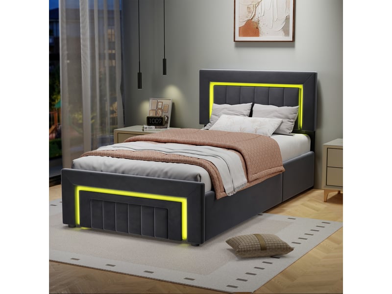 Lit rembourré 90x190 cm avec boxspring - led intégrée et tiroirs de rangement - velours gris métal bois  - Conforama D