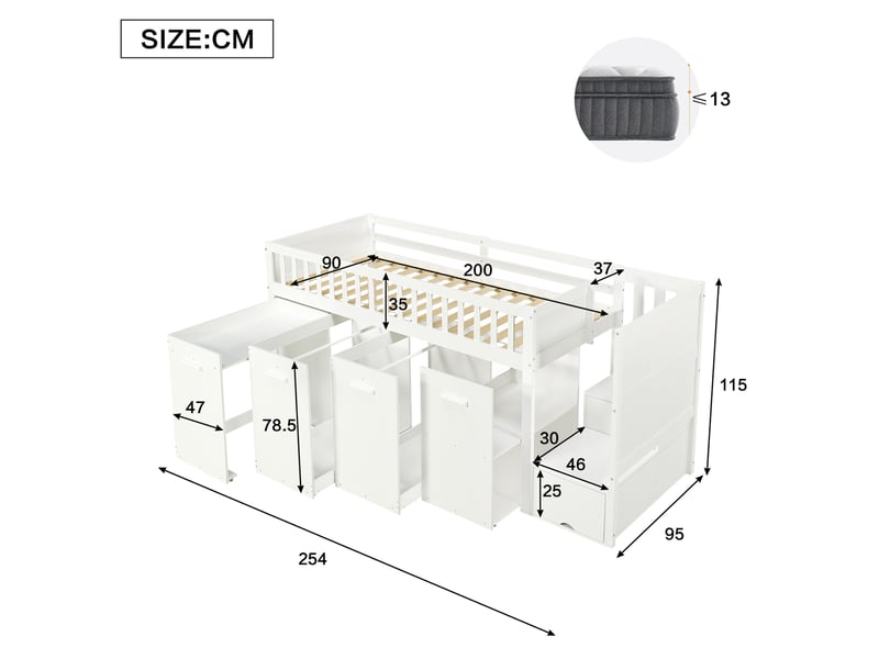  Lit superposé enfant 90x200 cm avec bureau coulissant et rangements, bois et mdf blanc sans matelas  - Conforama C