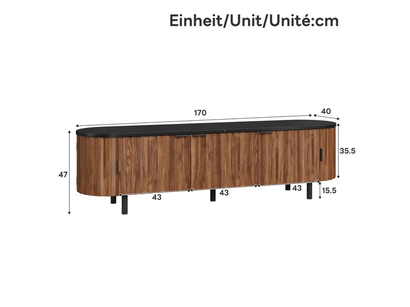  Meuble tv de salon 170x40x47 cm avec 5 portes rainurées, passe-câbles, structure en mdf, coloris noyer, design moderne  - Conforama C