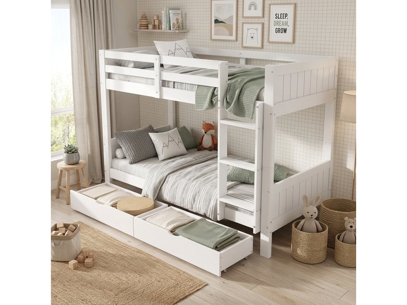  Lit superposé 90 x 200 cm bois blanc,2 grands tiroirs, pin et mdf Home Enjoy DE - Conforama B