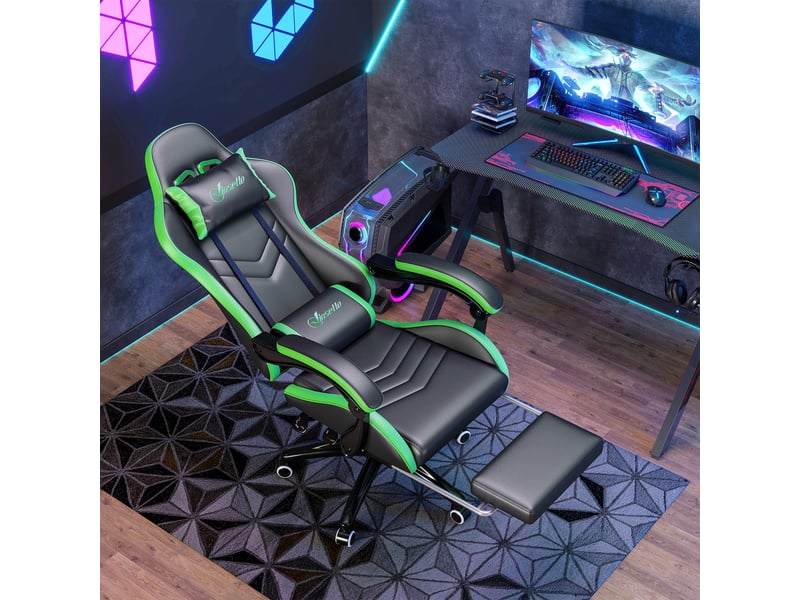  Fauteuil de jeu inclinable à 135° en similicuir avec appui-tête et repose-pieds, 65 x 65 x 121-129 cm, noir et vert  - Conforama C