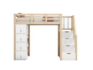 Lit mezzanine 90x200cm, li enfant avec 4 tiroirs, étagères, escalier, espace de rangement et sommier, pin+mdf, blanc+bois, sans matelas