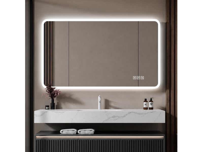  Miroir de salle de bain led 100x60 cm argenté en verre, anti-buée avec éclairage frontal réglable  - Conforama D