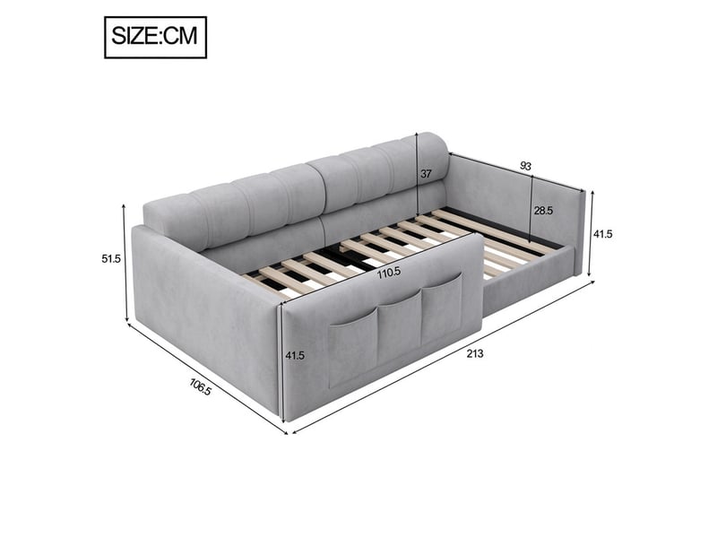  Lit rembourré 90x200 cm, avec poches de rangement latérales et épaisse tête de lit, velours, gris  - Conforama C