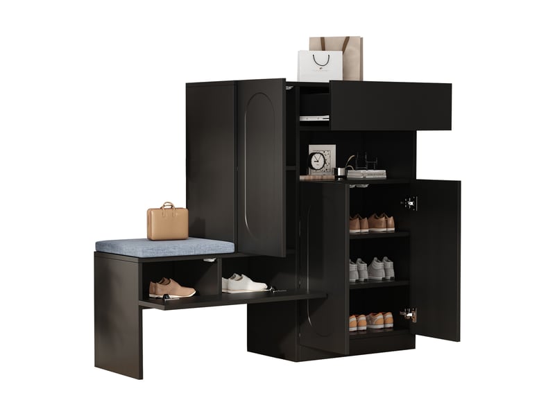  Meuble à chaussures - rangement avec banc rembourré, portes abattantes et étagères ajustables, structure en panneaux de particules - 130 x 35 x 110 cm - noir  - Conforama A