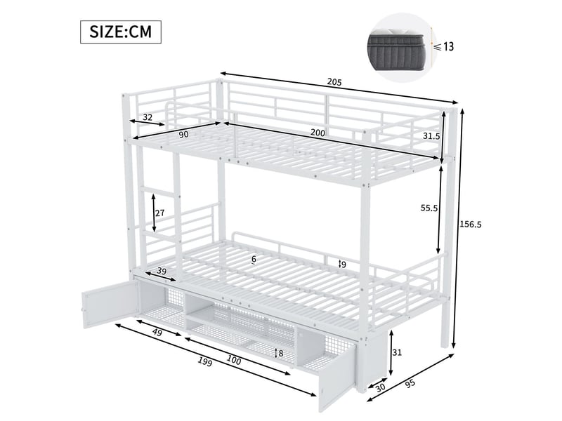  Lit superposé90x200cm - avec meuble à chaussures - lit superposé enfant -avec fonction rangement - avec échelle -garde-corps -blanc  - Conforama C