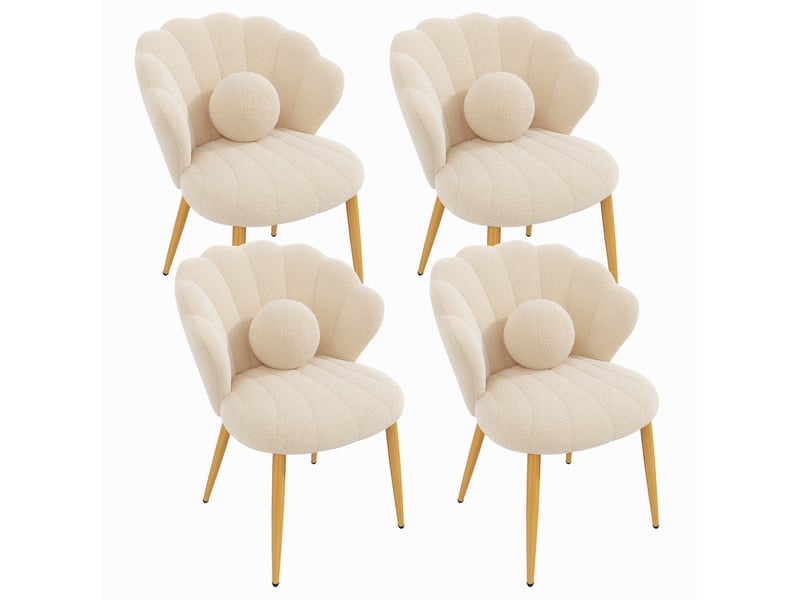 Lot de 4 chaises de salle à manger coquille en tissu teddy beige, pieds dorés - Conforama A