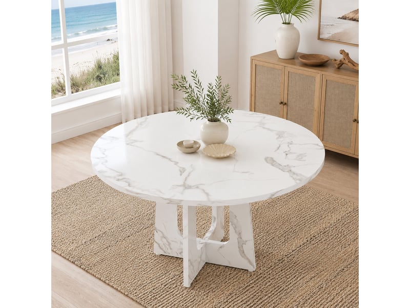  Table à manger ronde, 120x76 cm, pour 4 à 6 personnes décor marbre, repas, salle à manger, pratique, mdf, coloris blanc  - Conforama B