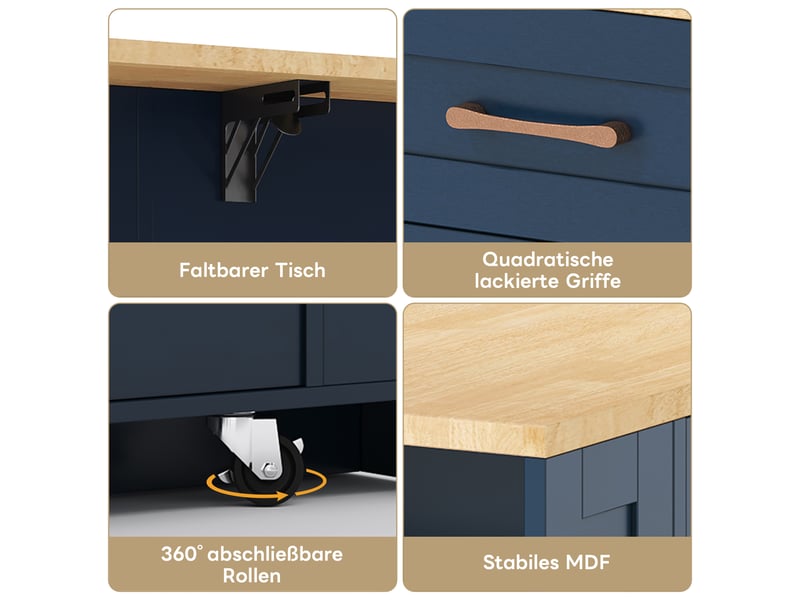  Îlot de cuisine mobile 120 × 4065 × 92 cm en mdf, table rabattable, prises ac et usb, porte vitrée et roulettes freinées  - Conforama C
