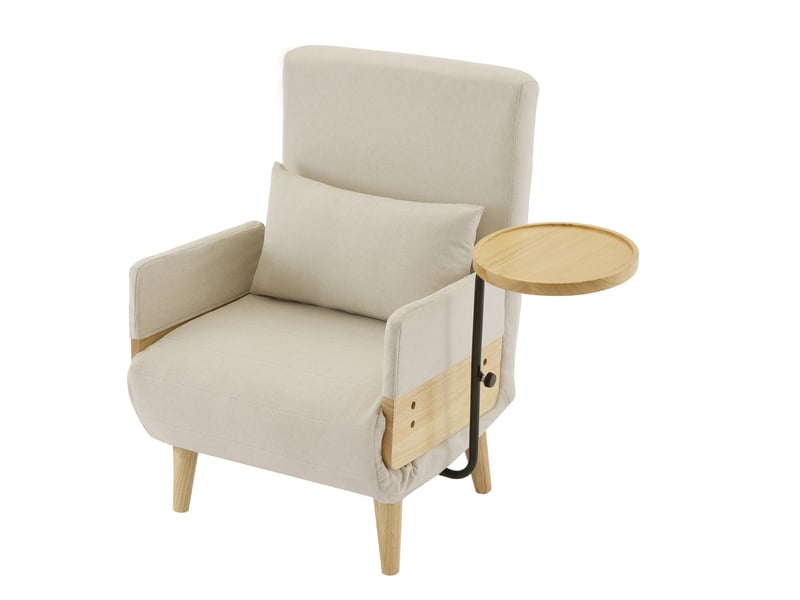  Fauteuil 74,5x66x88 cm, convertible, canapé simple, dossier réglable 6 positions, tablette, bois et métal, lin beige  - Conforama A