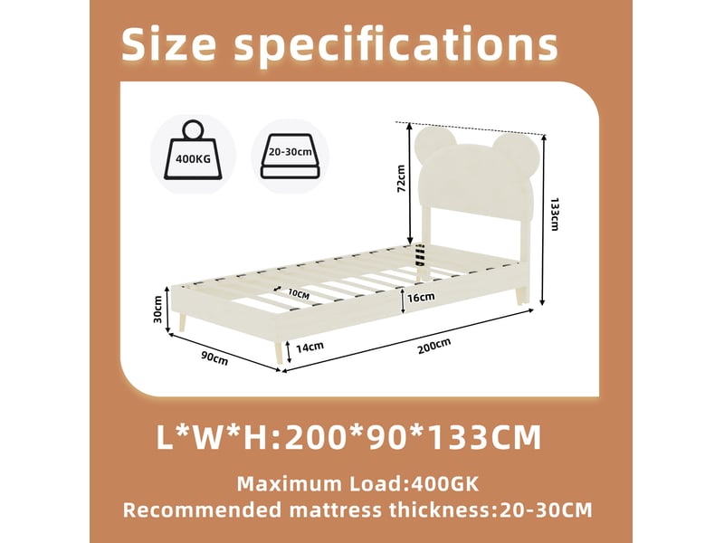  Lit pour enfant, 90x200 cm, lit simple avec tête de lit dessin animé, matelas non inclus, tissu et métal, coloris beige  - Conforama C
