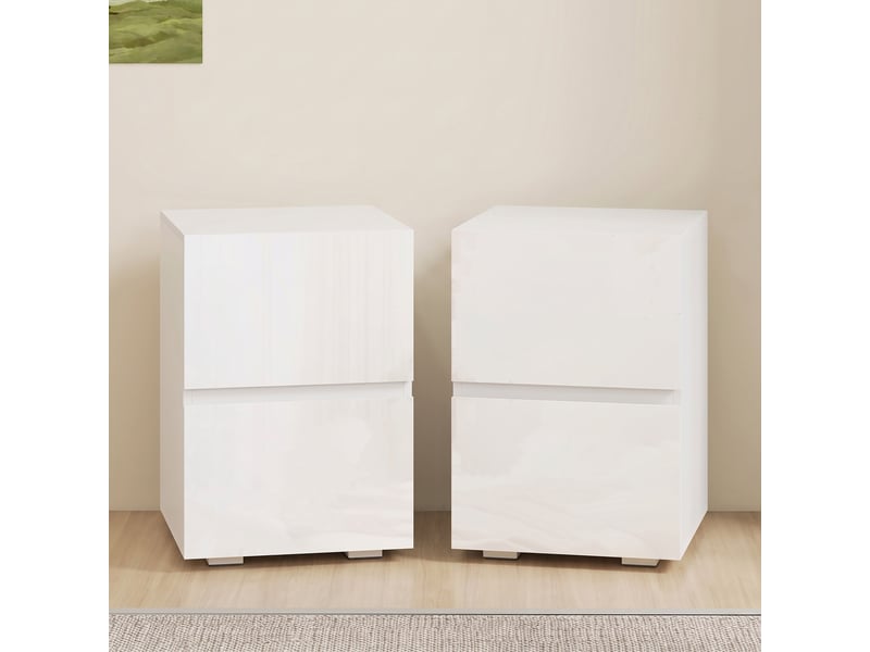  Lot de 2 tables de chevet, tables d'appoint avec 2 tiroirs, façades à haute brillance, plateau large, 40x40x58cm, blanc  - Conforama A