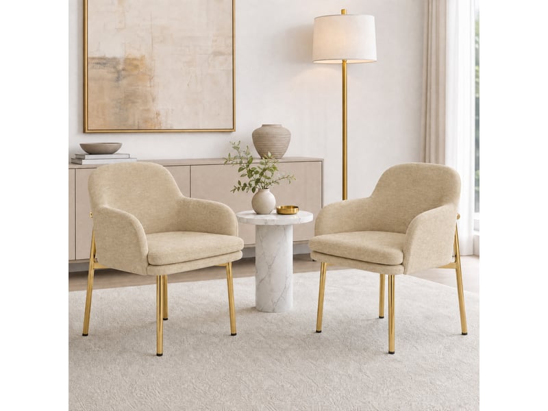 Lot de 6 chaises de salle à manger marron avec accoudoirs, dossier ergonomique, pieds métal doré, patins réglables, charge 125 kg, modernes - Conforama C