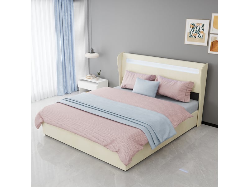  Lit tapissier en tissu beige 160x200cm  - Conforama E