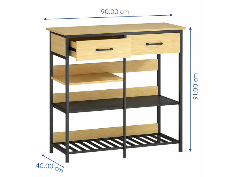 Buffet bois naturel 90x40x91 cm – 2 tiroirs, 3 étagères ouvertes – rangement cuisine et séjour - Conforama C