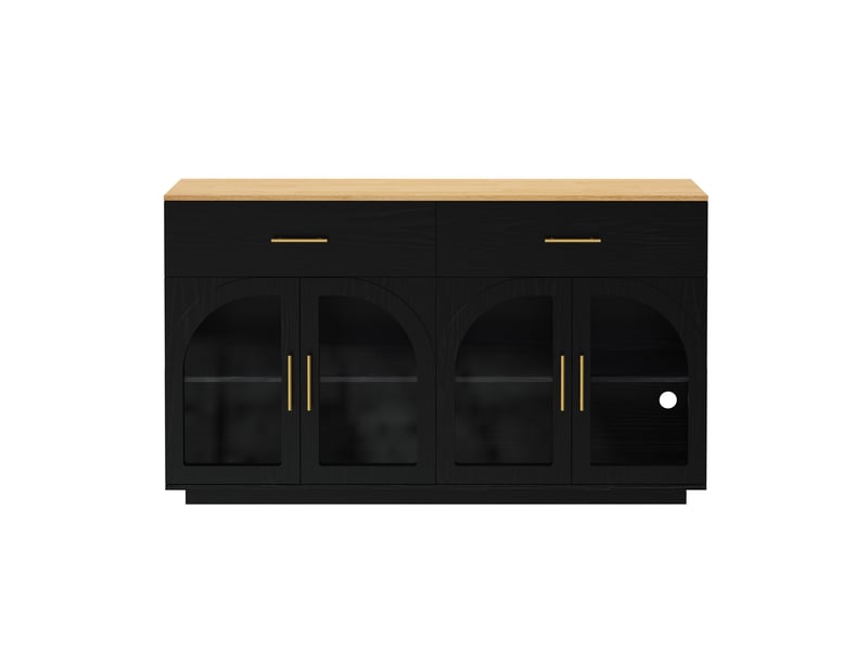 Buffet de cuisine - 147 x 40 x 86 cm - noir - grand vaisselier de rangement avec 2 tiroirs, 4 portes vitrées et plateau bois - Conforama A