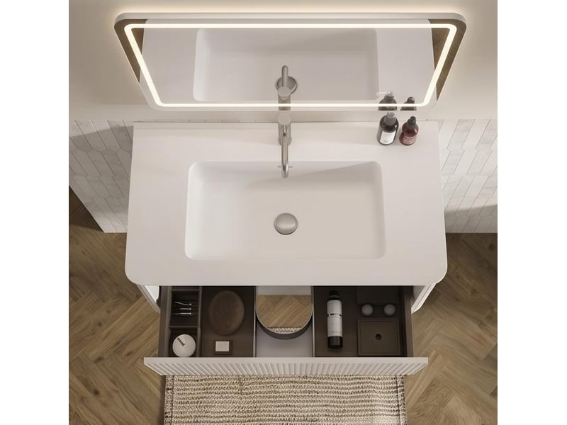  Ensemble meuble vasque suspendu 81 cm – blanc – miroir led rond 80 cm, tiroir et fonction anti-buée  - Conforama E