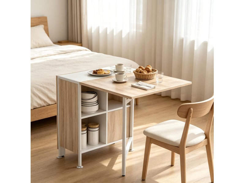 Table à manger pliante extensible 170 cm avec 4 niches, blanc et chêne clair - Conforama E