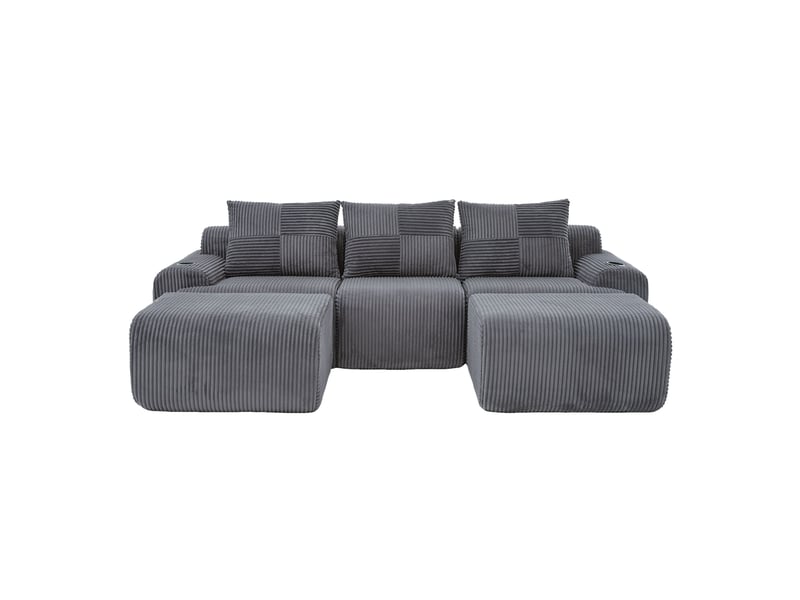 Canapé modulable 3 places en velours côtelé gris foncé avec 2 poufs - Conforama A