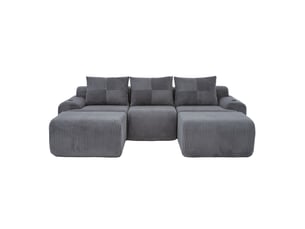 Canapé modulable 3 places en velours côtelé gris foncé avec 2 poufs