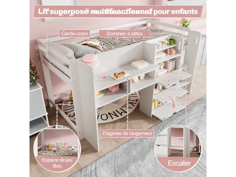  Lit enfant blanc avec rangements, mi-hauteur 90x200 cm, étagères et trois compartiments fermés, sans matelas  - Conforama W