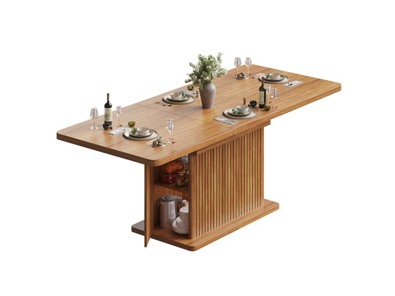 Table à manger extensible 120-160x80x76cm avec rangement caché, plateau rabattable et façades rainurées, effet bois brun foncé evarich - Conforama A