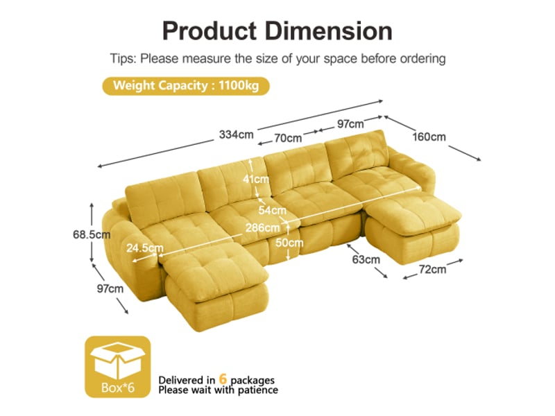  Canapé d'angle en u 4 places sans cadre-design karostepp, chenille douce, sièges profonds, modulable, 2 ottomans, jaune  - Conforama C
