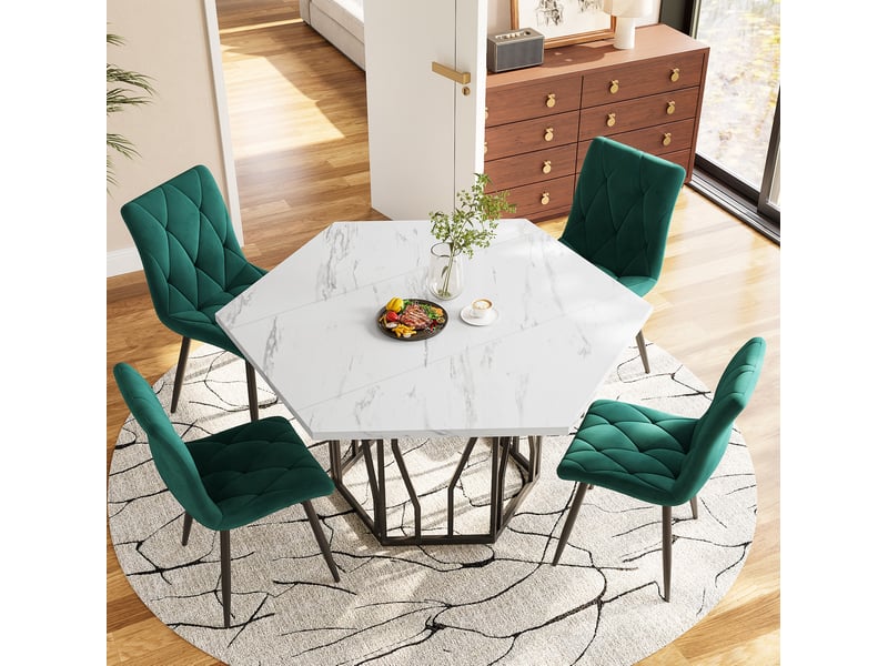  Table hexagonale moderne 115,5x100x75 cm, support en forme de branche, blanc et noir, panneau mdf imitation marbre (non en marbre)  - Conforama E