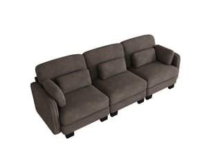 Canapé droit modulable 253 cm 3 places, accoudoirs amovibles, coussins lombaires épais à soutien renforcé, assise à ressorts ensachés, chenille, brun café
