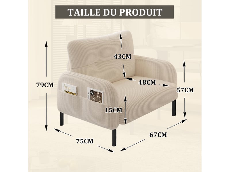  Fauteuil assise profonde 67x75x79 cm confort ergonomique poche latérale structure métal revêtement velours côtelé beige  - Conforama C